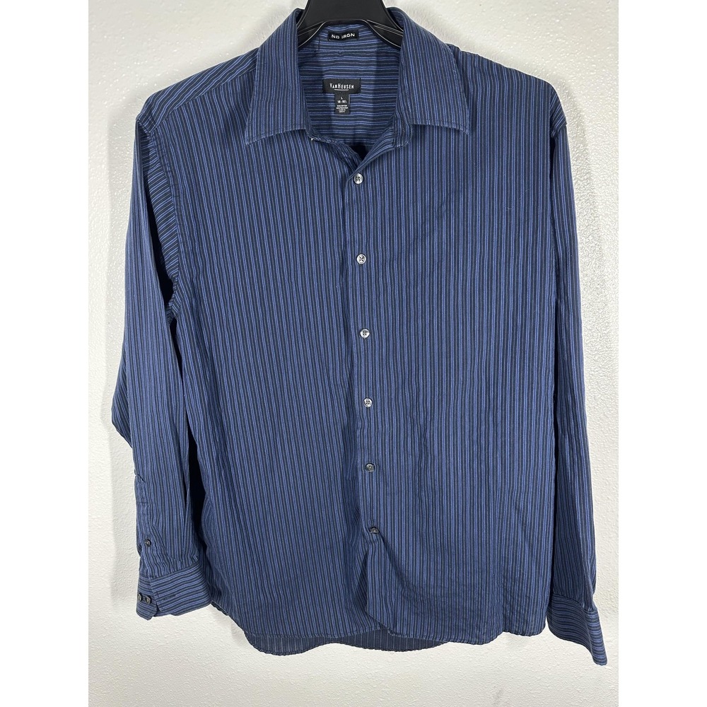 Van Heusen Shirt Mens Large Blue Stripe No Iron Button Front Long Sleeve Dress